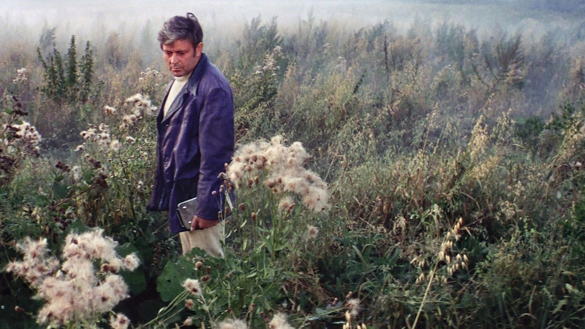 A man looks sad while standing in an alien field in Solaris