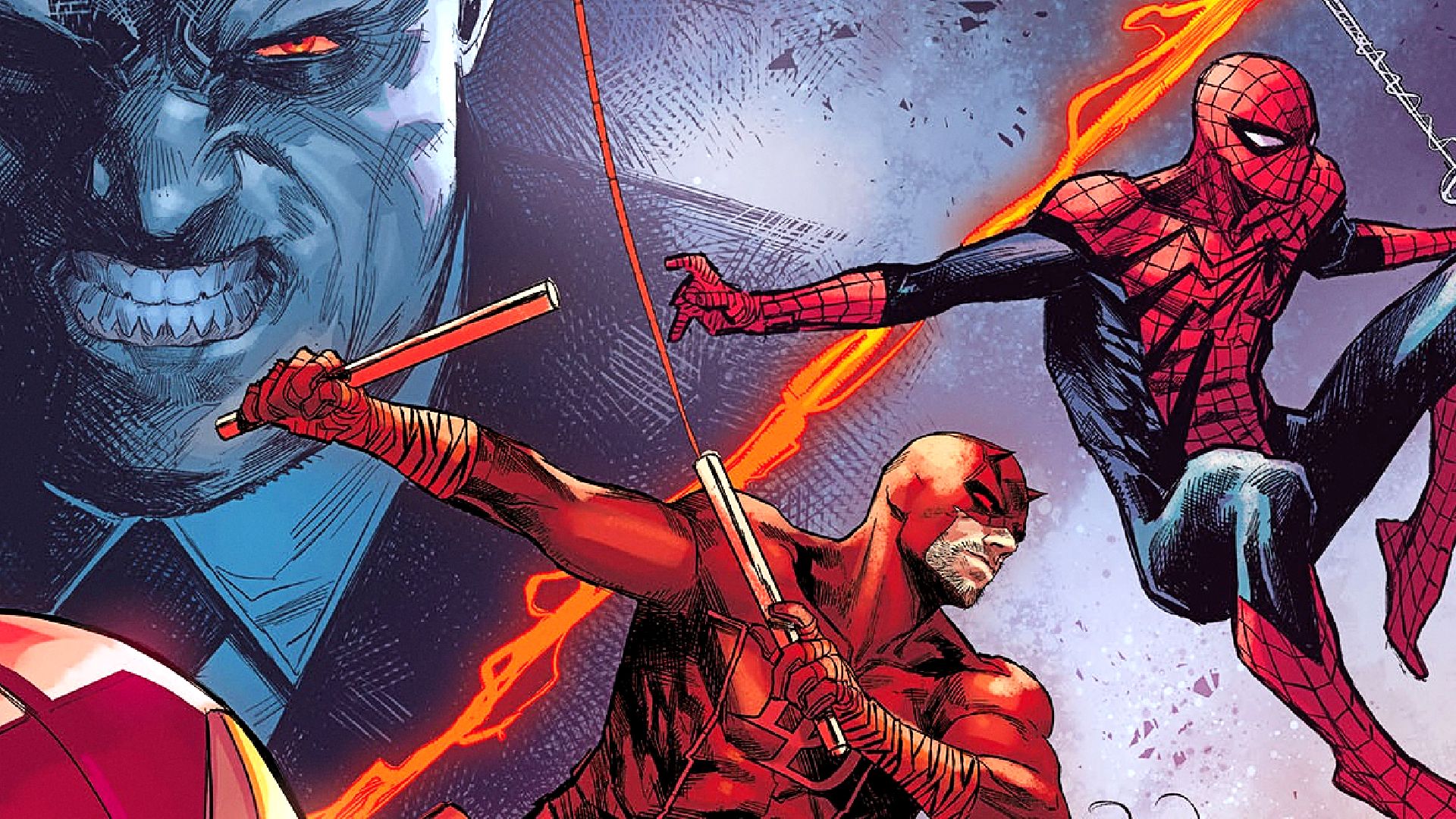 Spider-Man e Daredevil che si lanciano in città mentre Wilson Fisk osserva