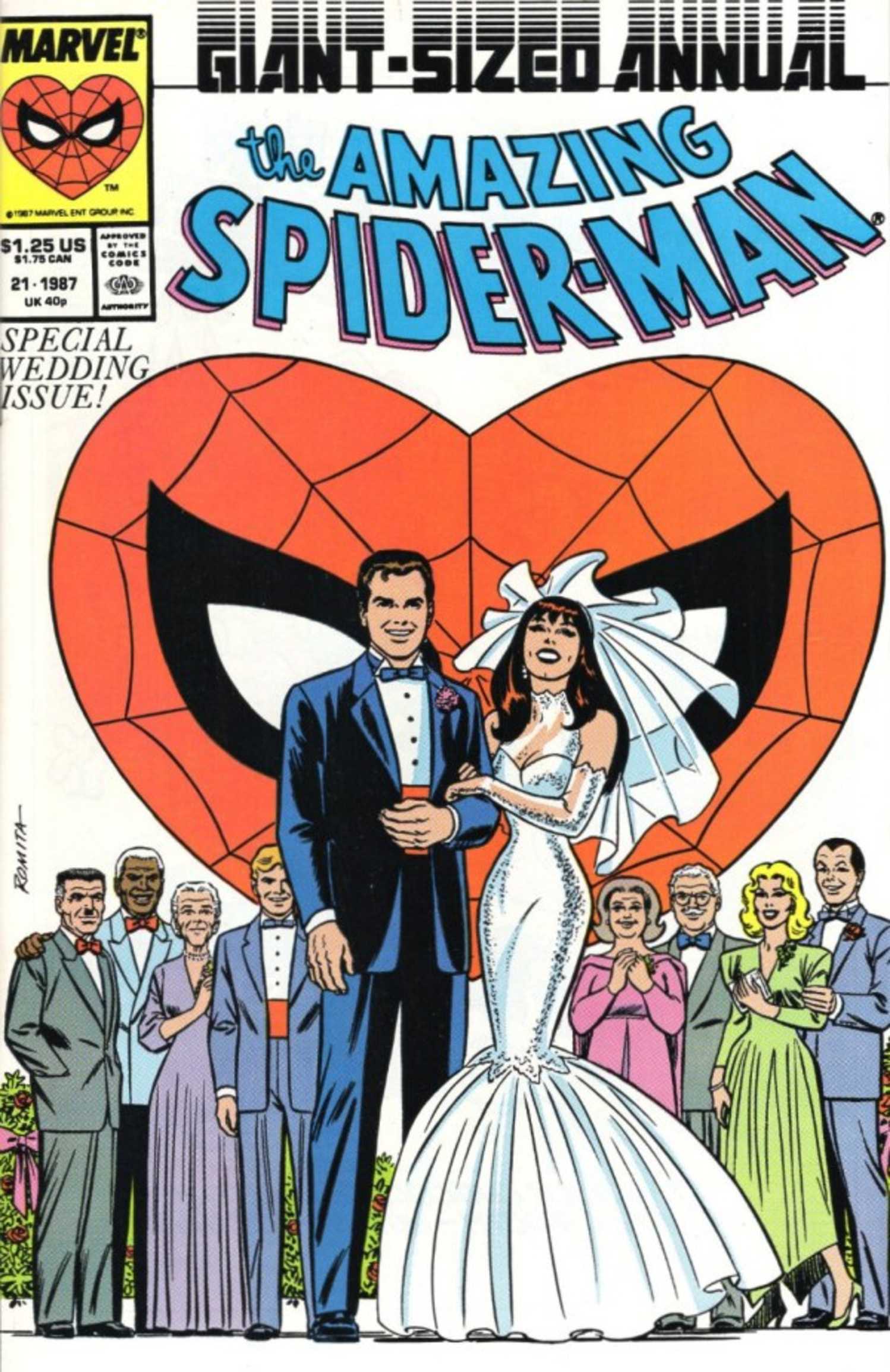 Spider-Man Annual #21 cover, Peter Parker and Mary Jane Watson walking down the aisle at their wedding