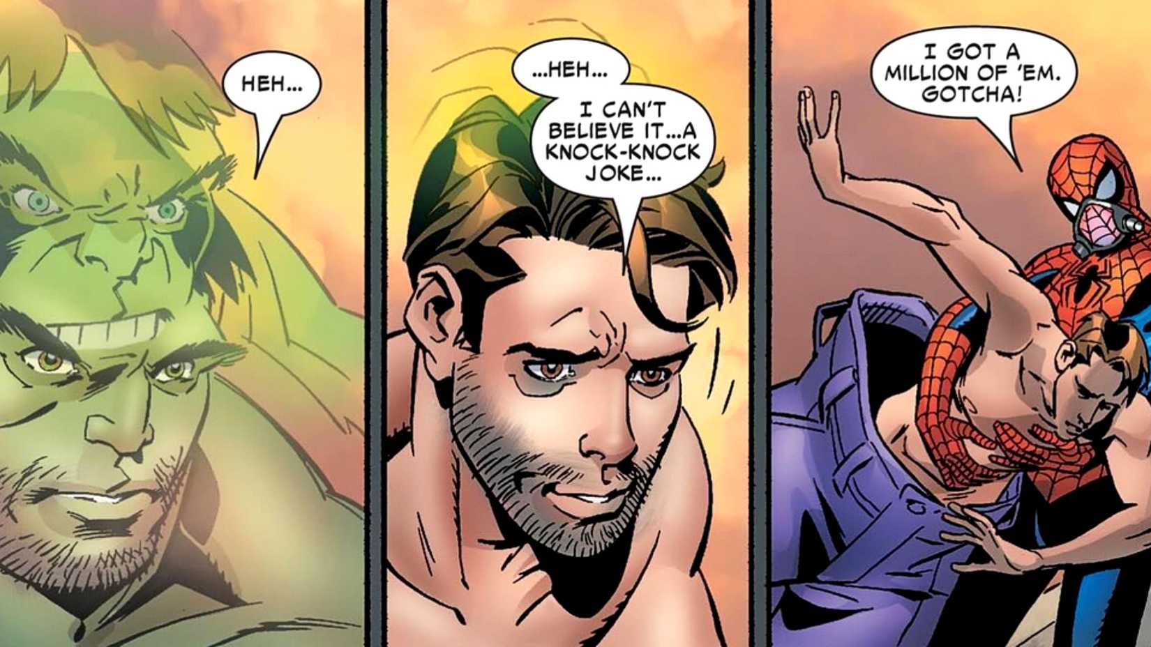 Spider-Man makes Hulk transform back into Bruce Banner with a knock-knock joke