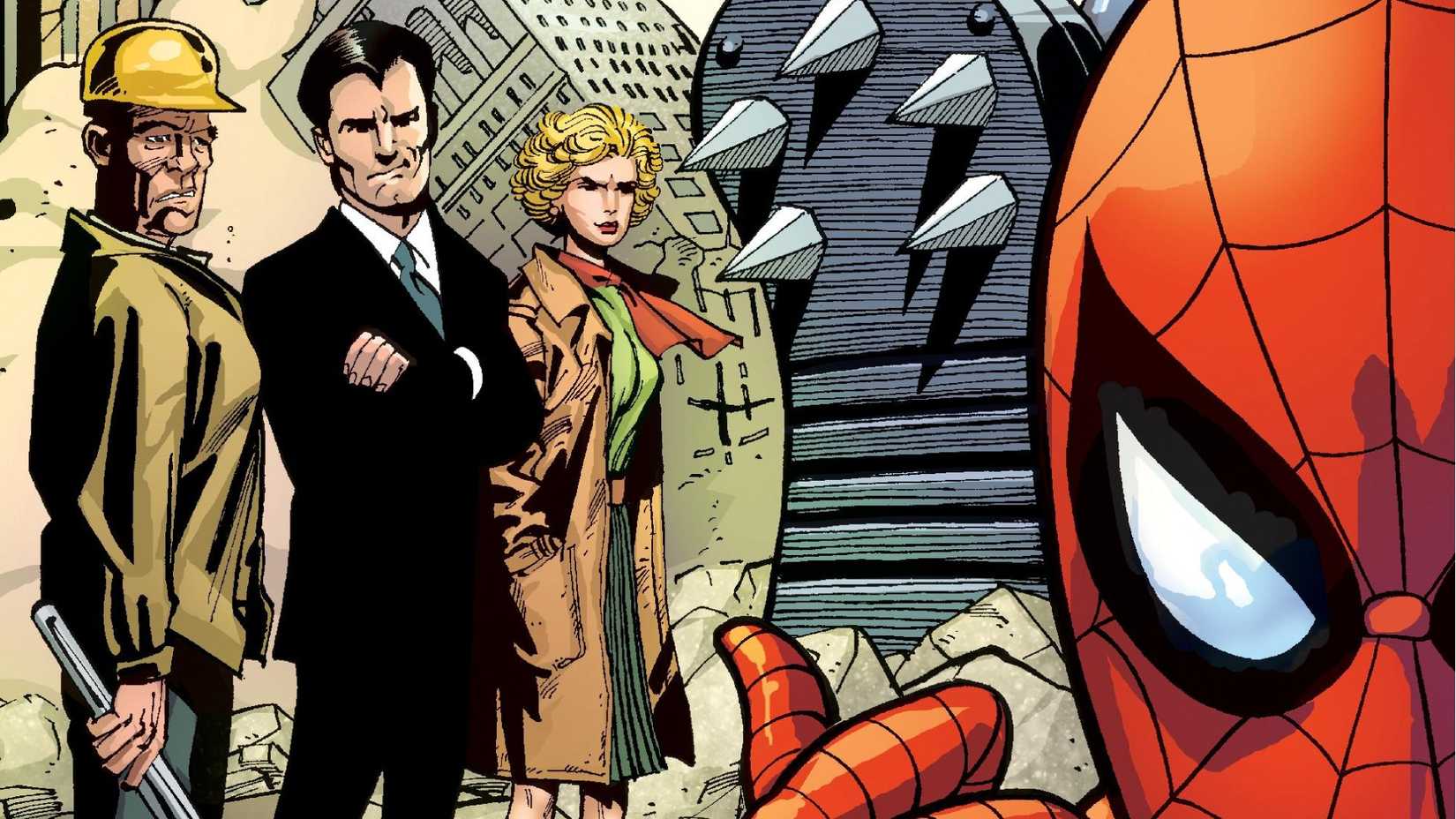 Spider-Man points at Damage Control workers with his thumb in Marvel Comics