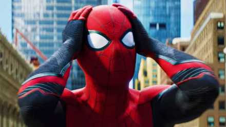 Spider-Man with his hands on his head in Spider-Man Far From Home