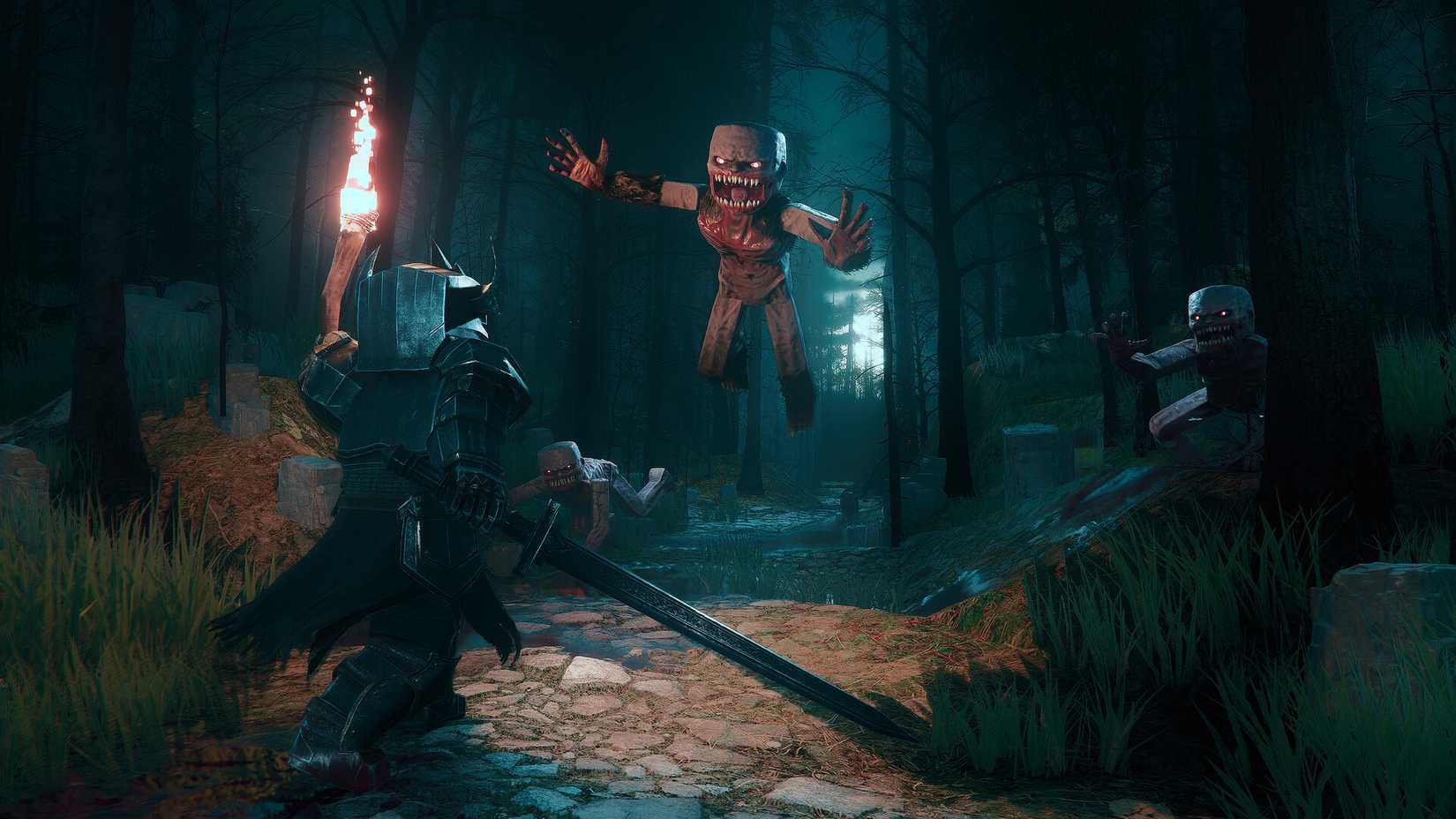 A knight is ambushed by a zombie in a dark forest 