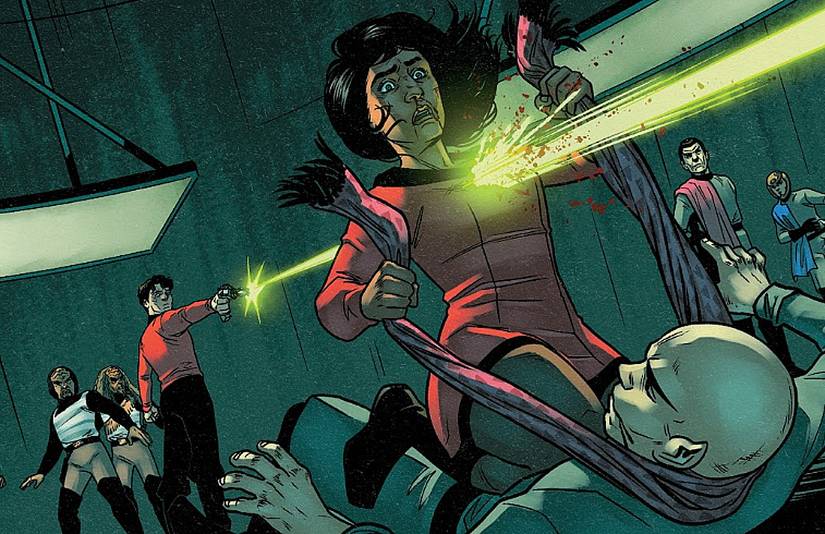 Star Trek Red Shirts #5, Miller shoots Raad in the back with a Romulan phaser pistol