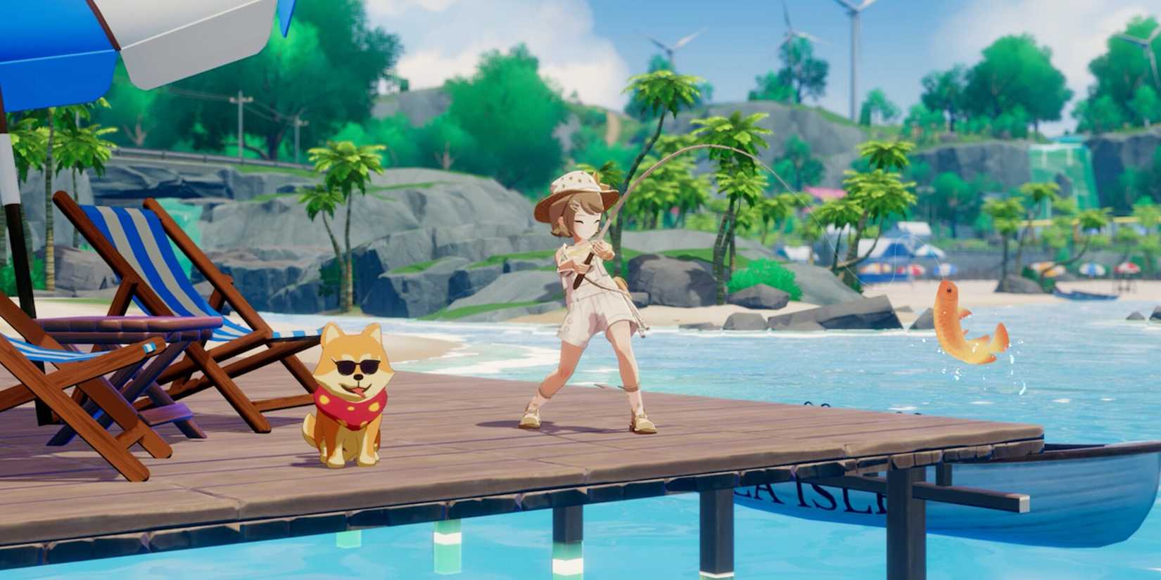 Angeln auf Starsand Island mit Hund neben Charakter