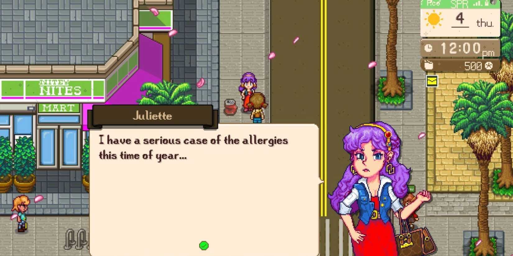 Sunkissed City screenshot with character Juliette saying she has allergies
