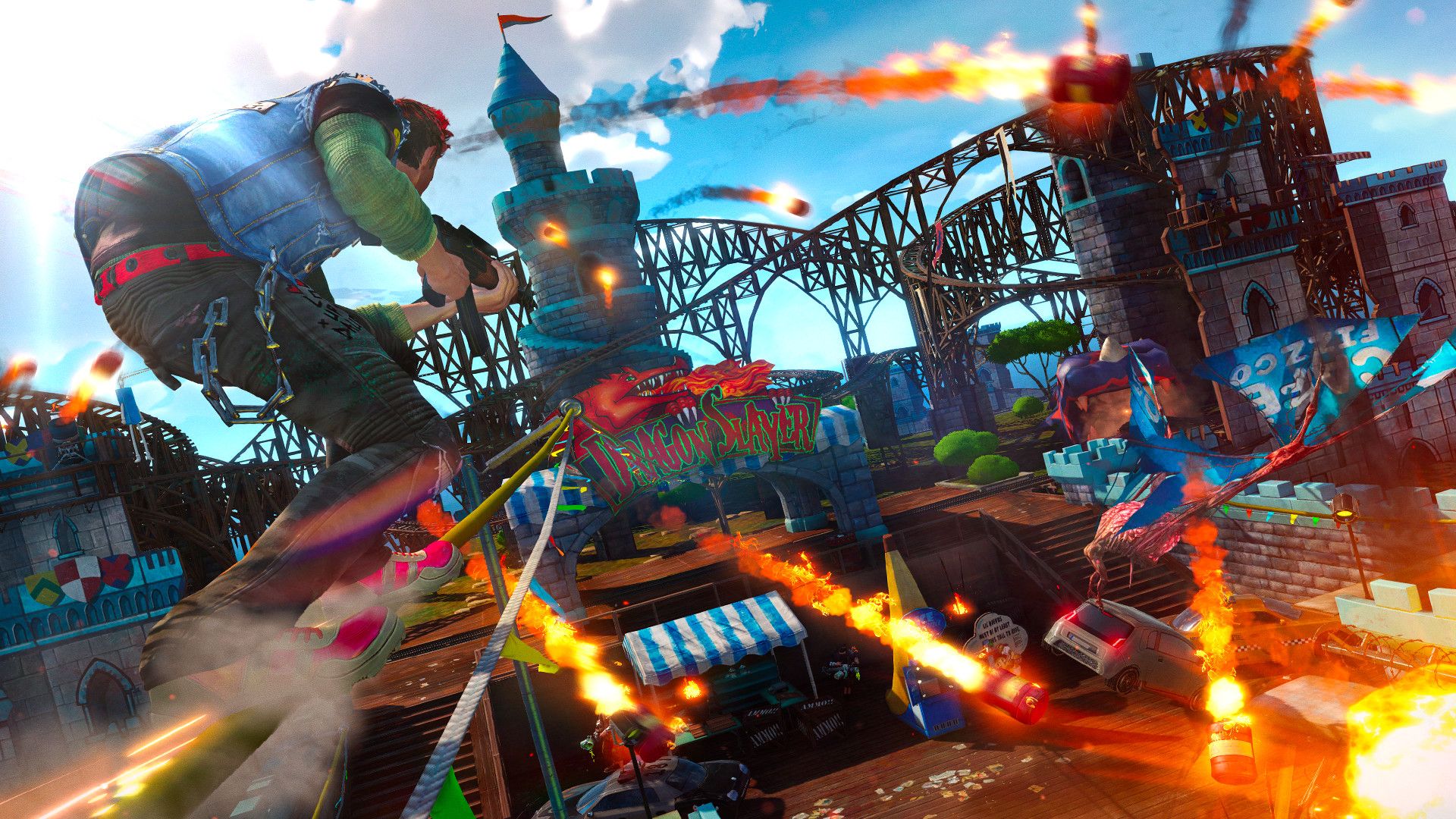 Personaggio di Sunset Overdrive che percorre le rotaie di un parco divertimenti
