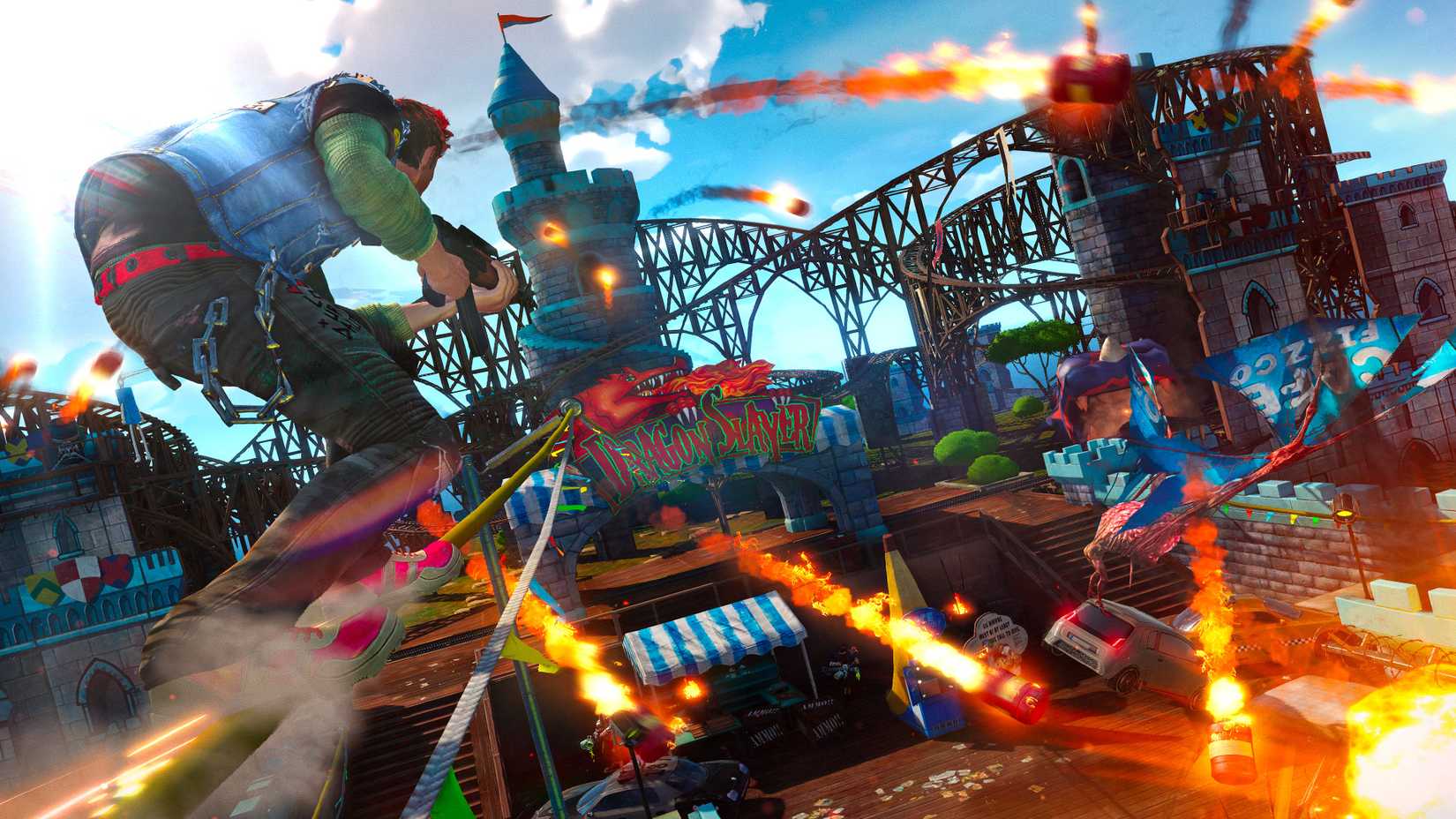 Sunset Overdrive character riding the rails in an amusement park roller coaster