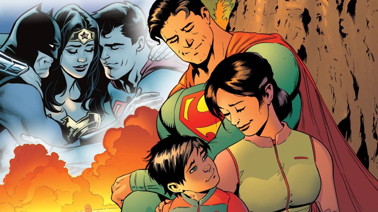 Superman sitting against a tree with Lois Lane and Jon Kent. In the clouds is an image of Superman, Batman, and Wonder Woman hugging.