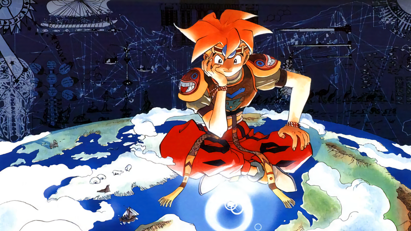 Terranigma artwork of Ark sitting on top of the world