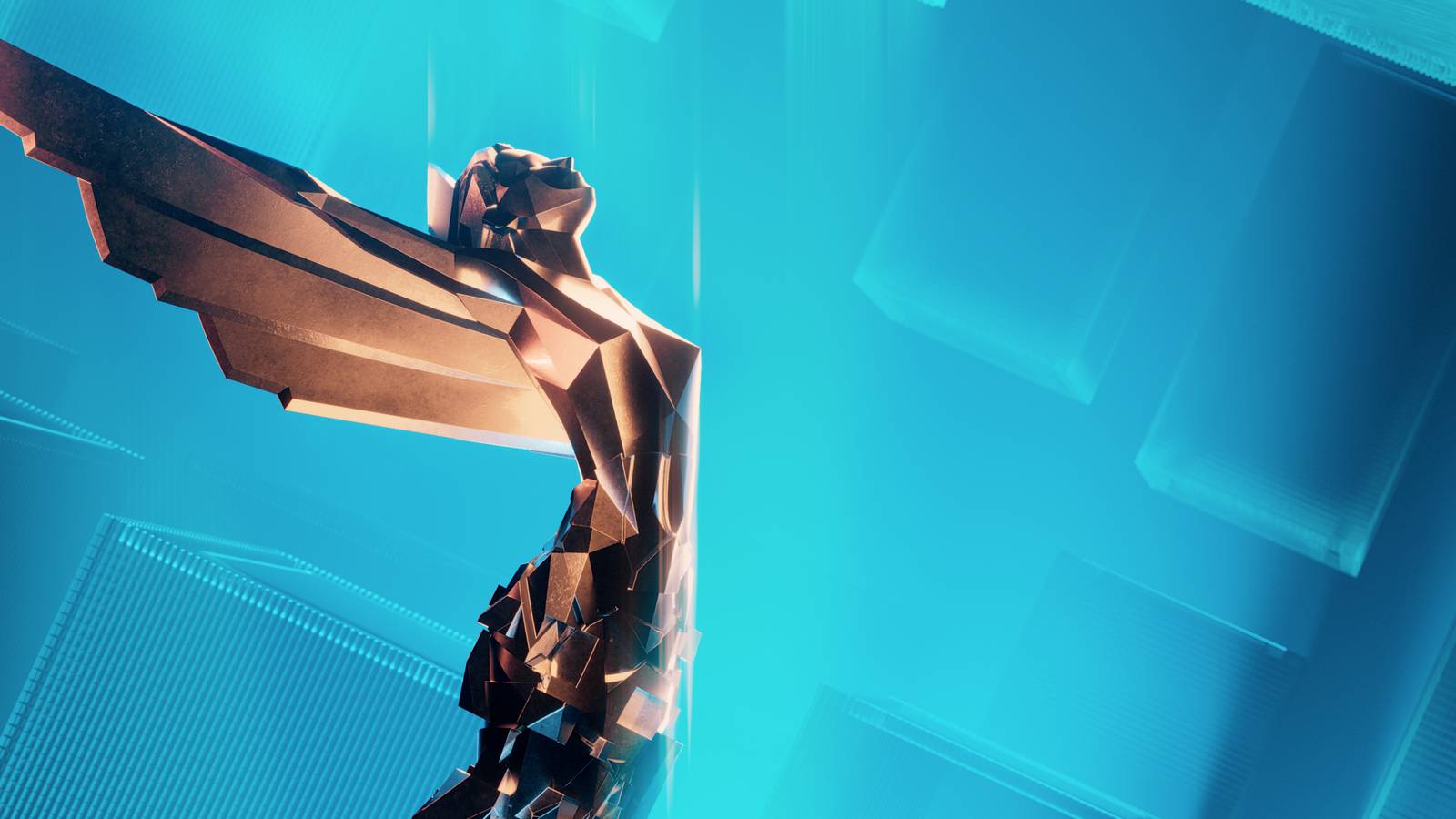 Profile shot of a Game Awards award statue on a blue background.