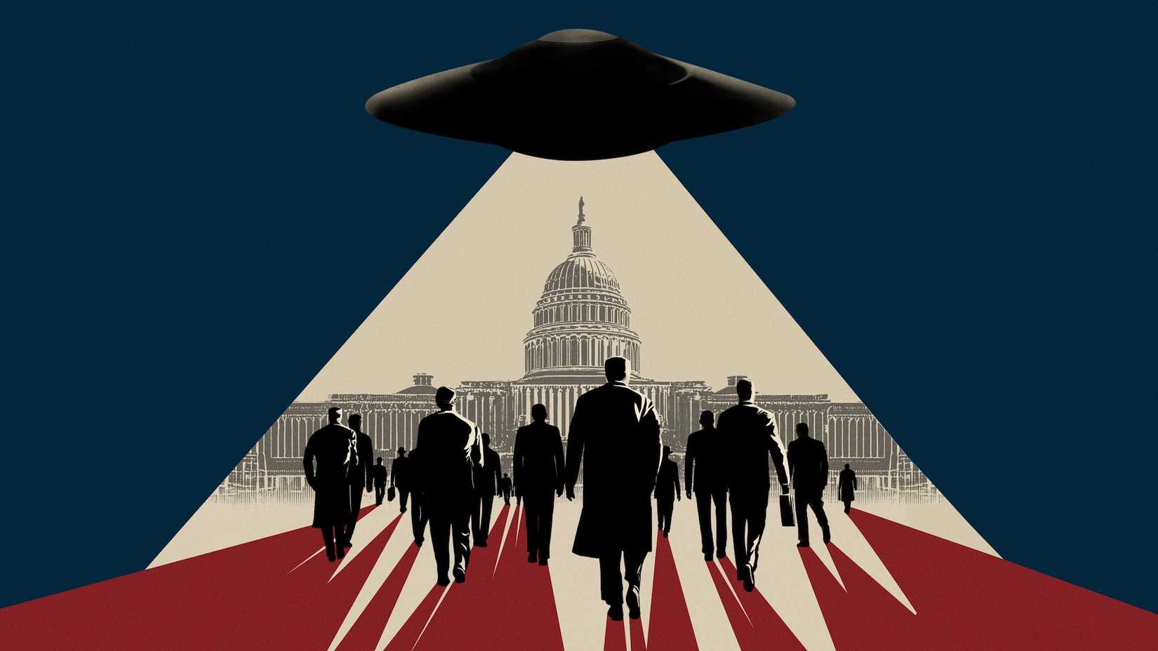 Cena de The Age of Disclosure com UFO sobre Washington