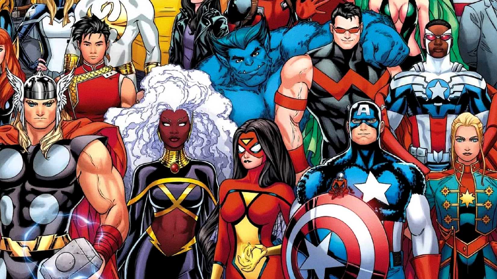 The Avengers and the X-Men pose together for a celebration image