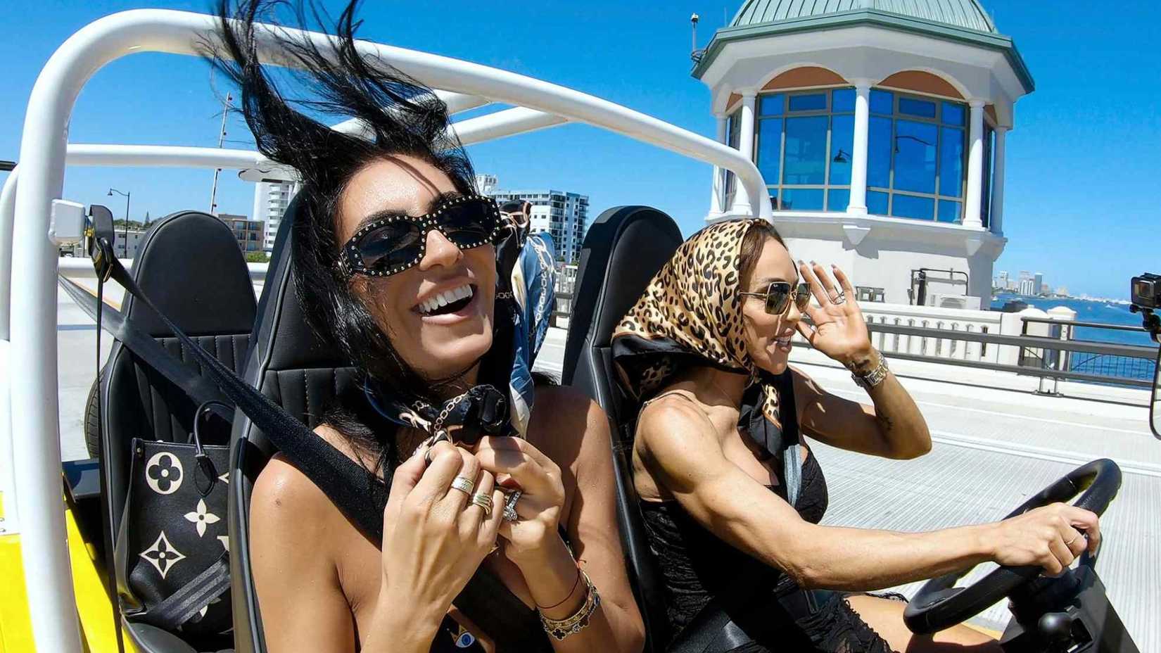 The cast of Members Only Palm Beach has fun in a car