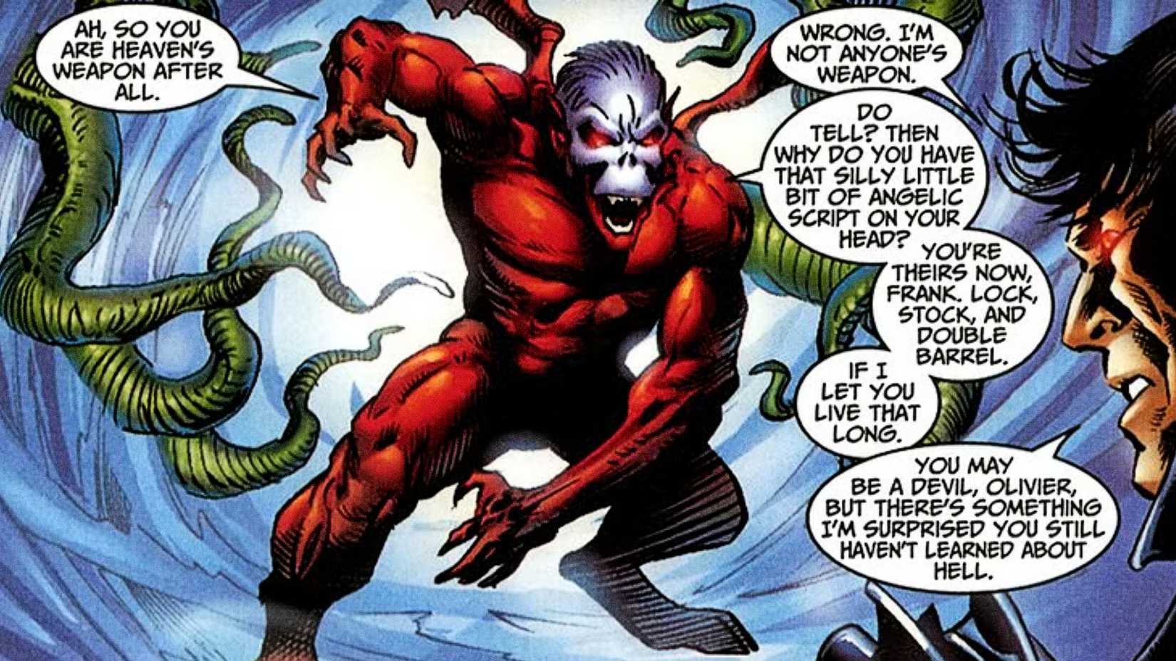 The demon Olivier threatens the Punisher coming out of a portal