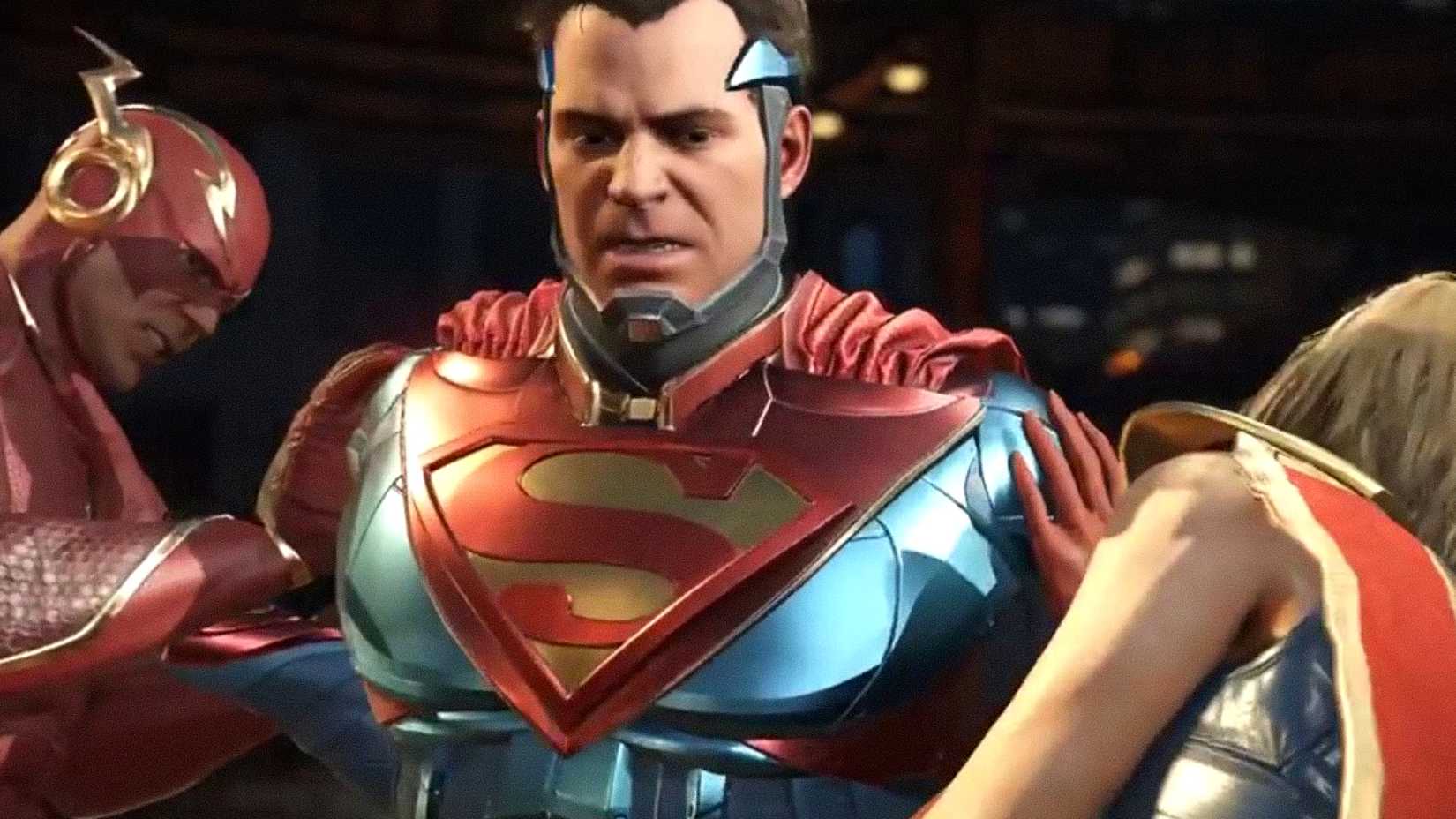 The Flash and Supergirl restrain Superman in Injustice Gods Among Us