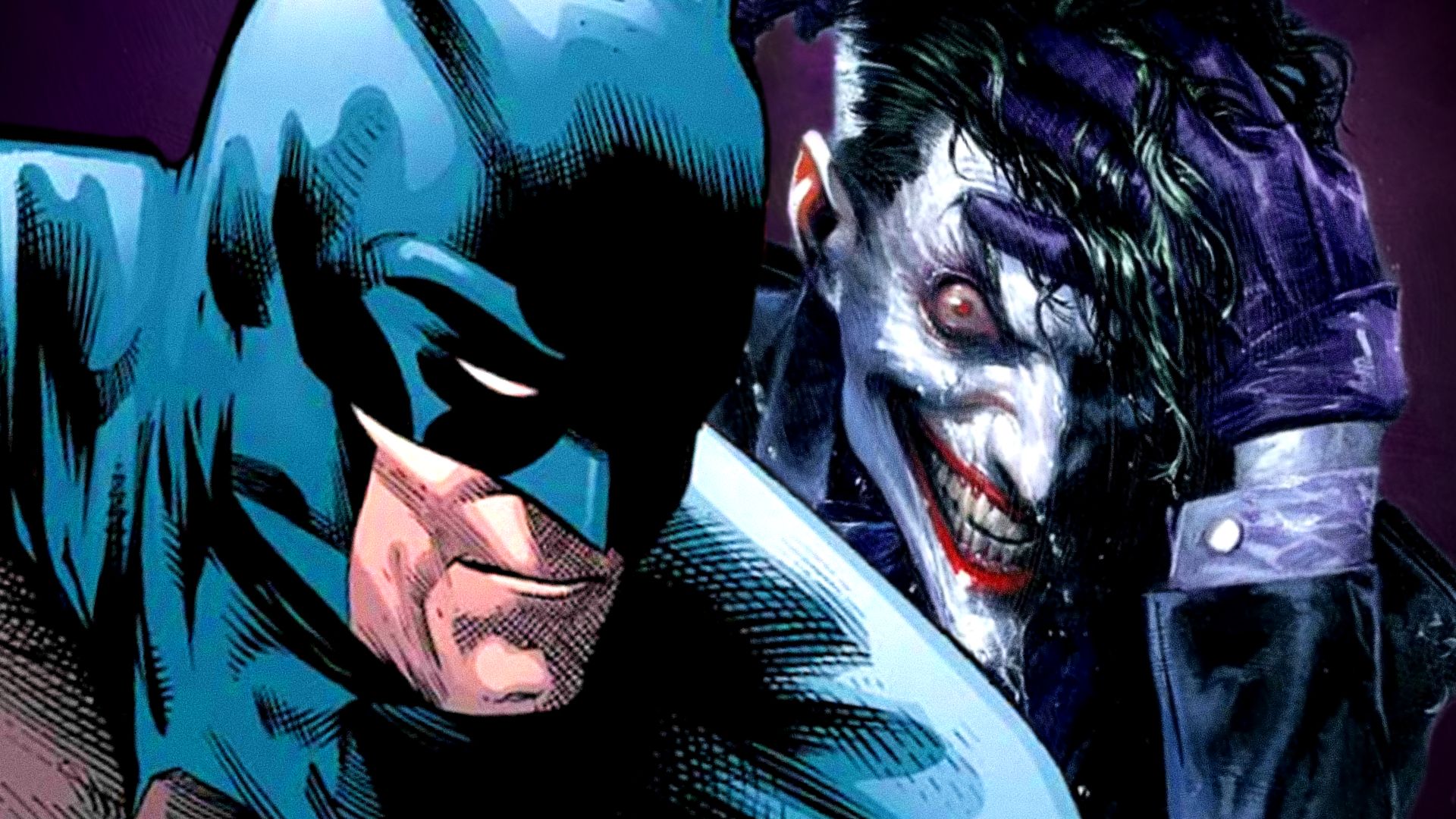 The Joker smiles holding his face while Batman looks over his shoulder
