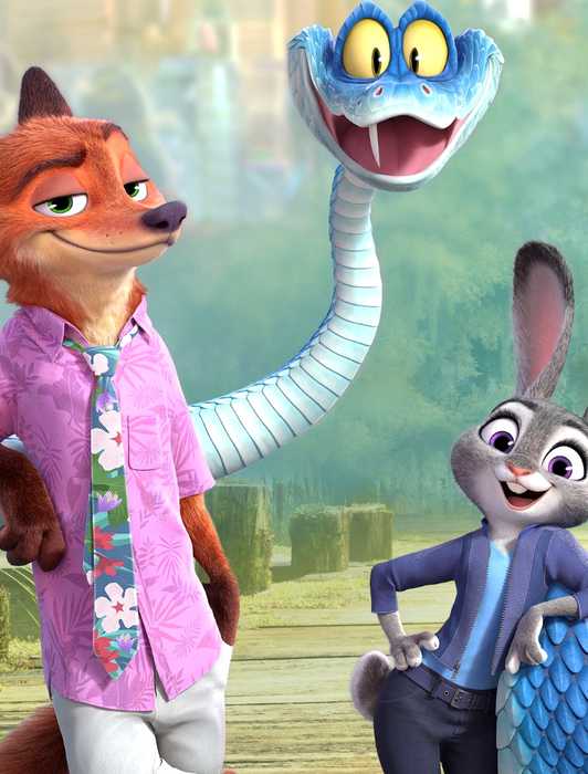 The main characters from Zootopia 2 posing on a dock