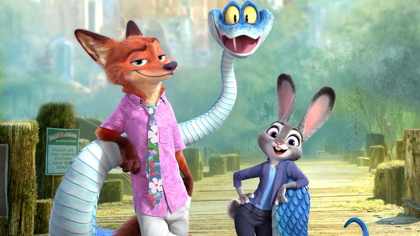 The main characters from Zootopia 2 posing on a dock