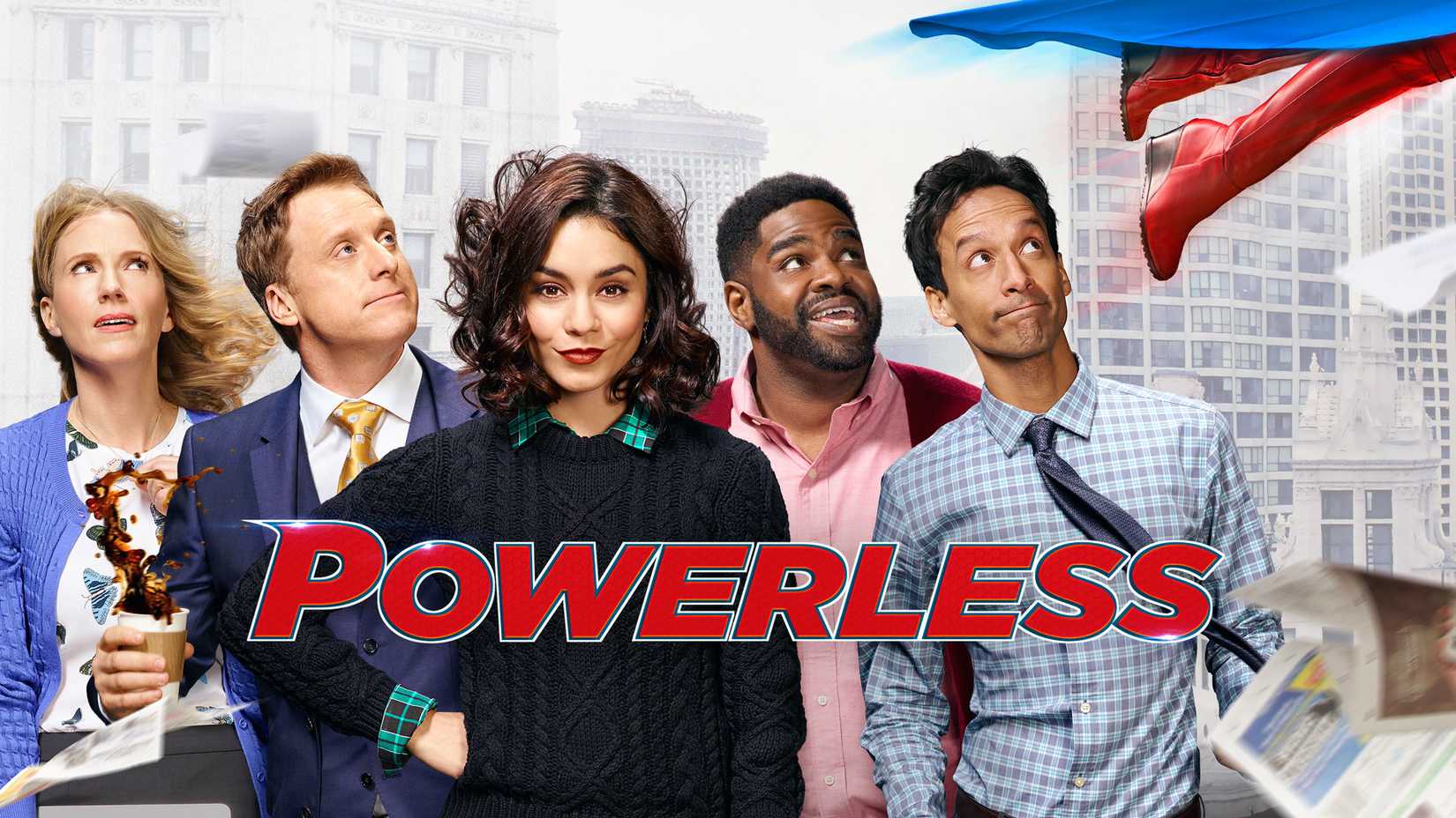 The Powerless main cast poses as a superhero flies by