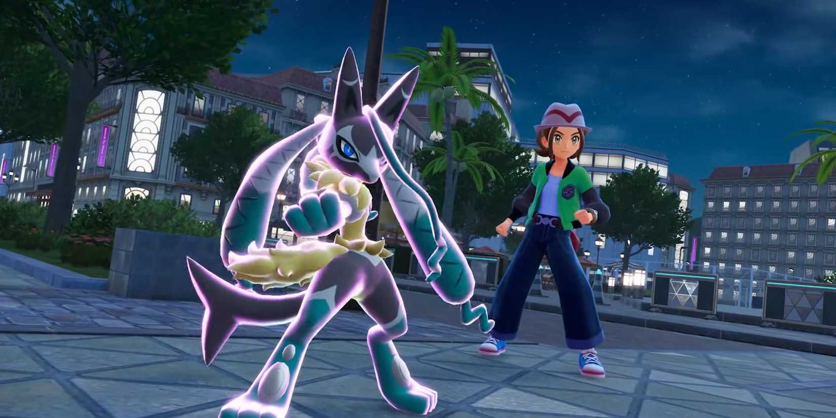 The protagonist of Pokemon Legends Z-A standing with their Mega Lucario Z on a Lumiose street at night.