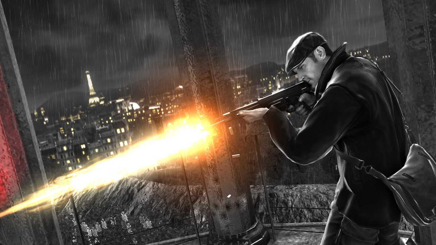 The Saboteur character shooting a gun with a nighttime Paris behind him