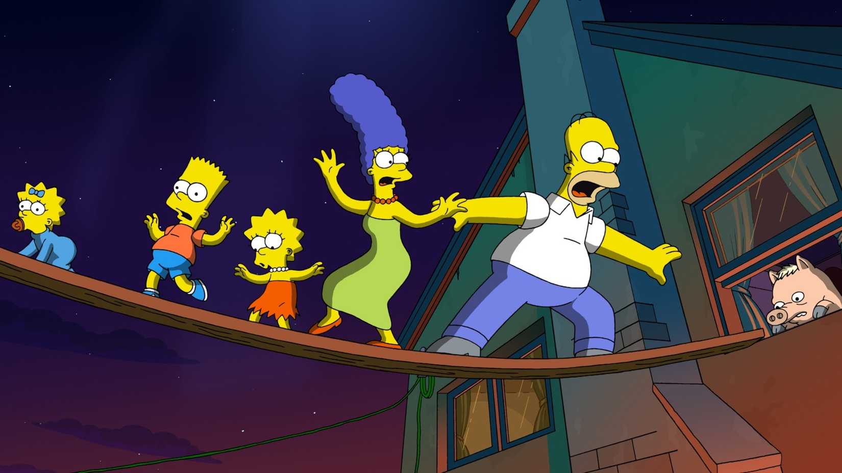 The family walks across a board in The Simpsons Movie