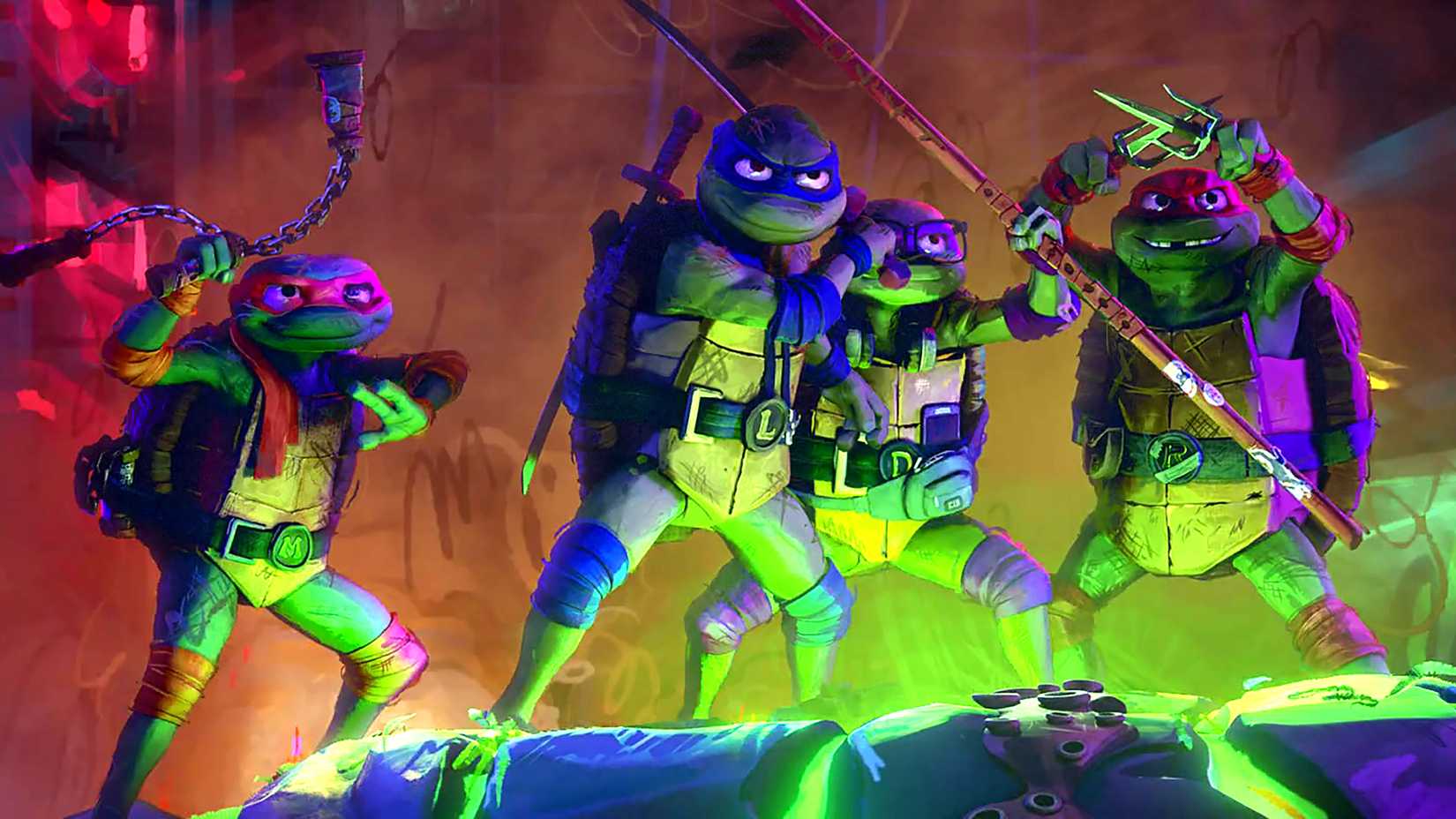 The Turtles in fighting stances in Teenage Mutant Ninja Turtles: Mutant Mayhem