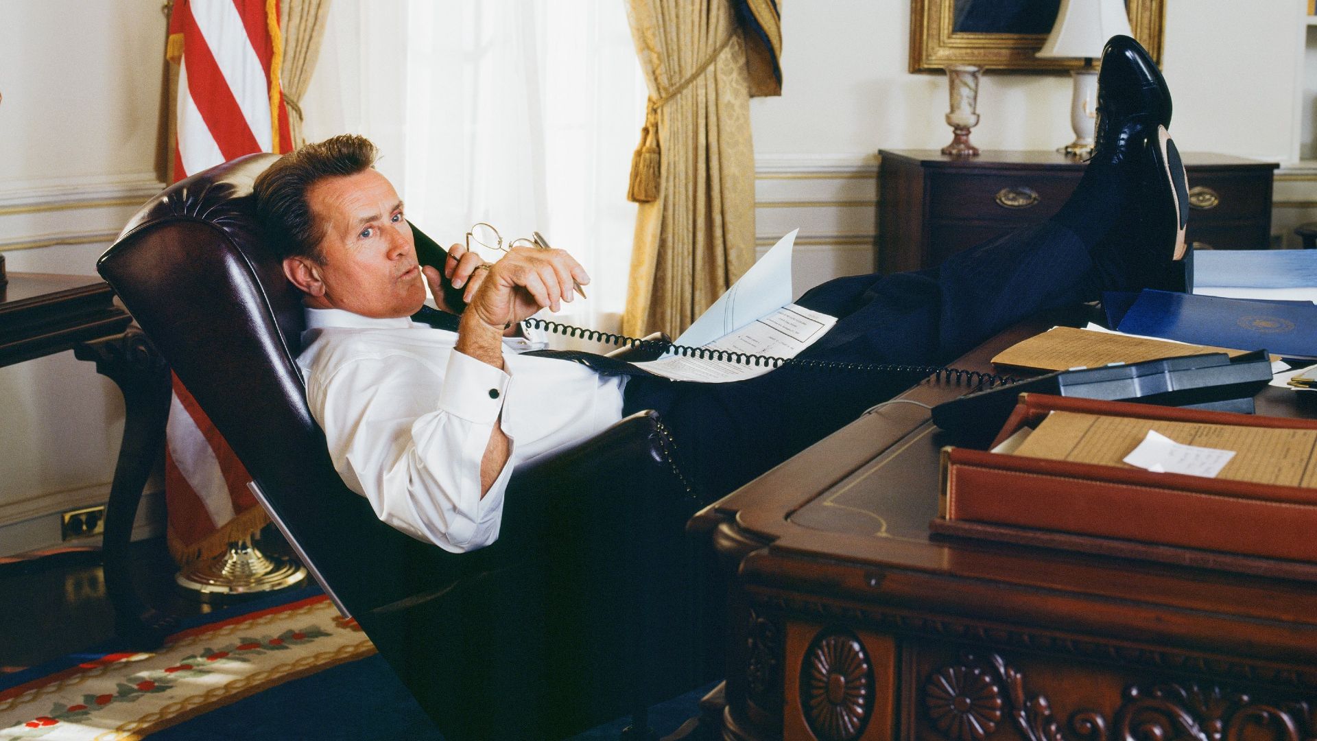 President Bartlet Sits in the Oval Office With His Feet Up in The West Wing