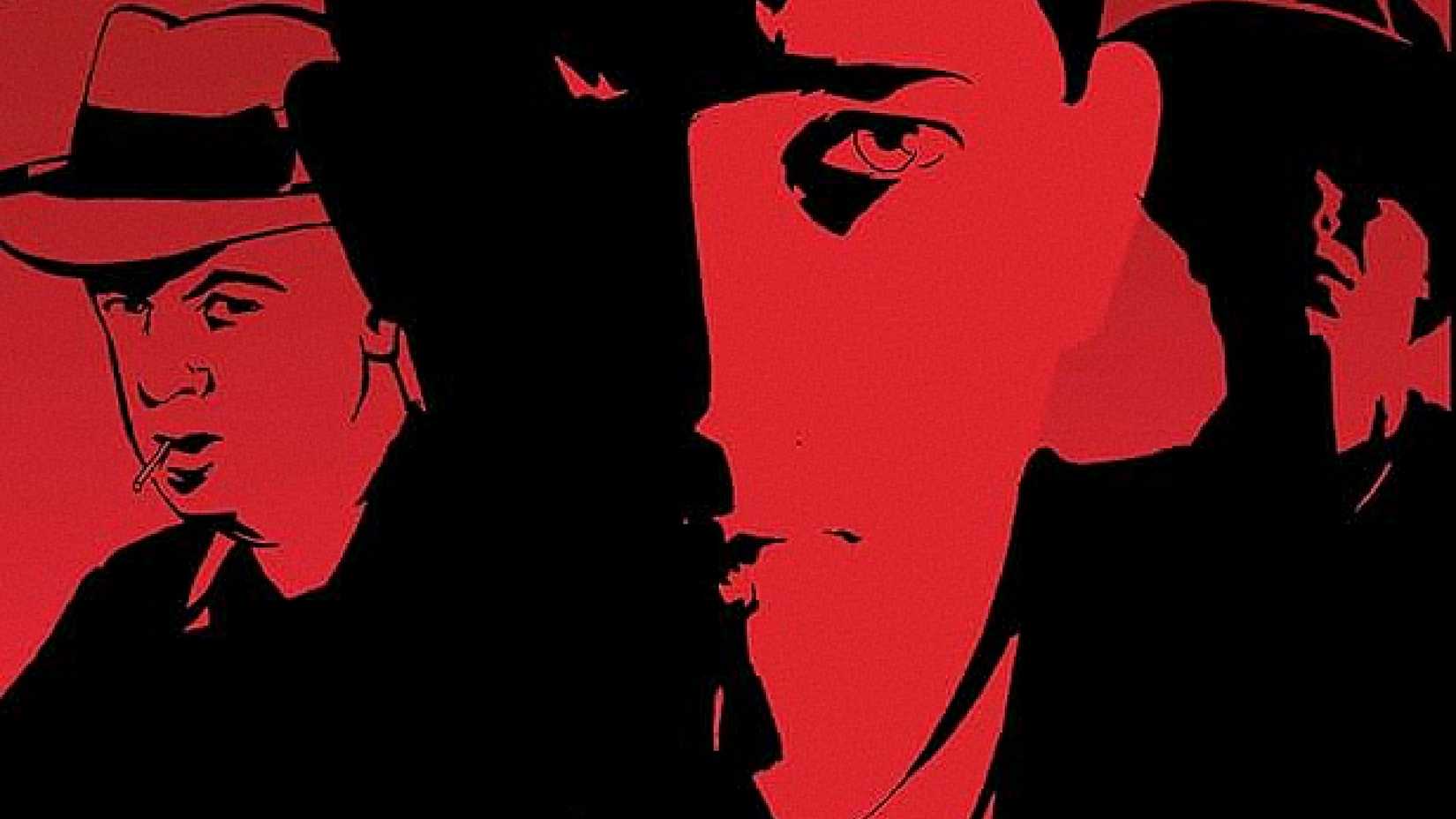 Three characters are lit by bright red lights in Torso comic cover