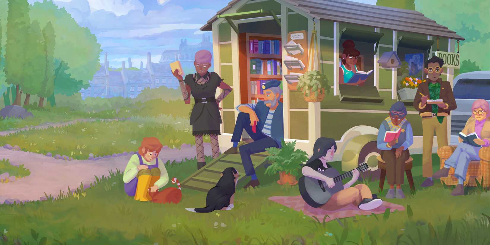 Tiny Bookshop characters sitting outside of the mobile store.