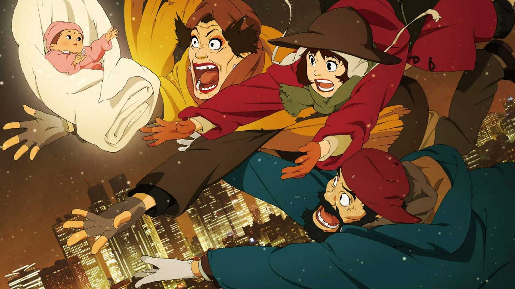 Os personagens pulando para salvar um bebê caindo em Tokyo Godfathers