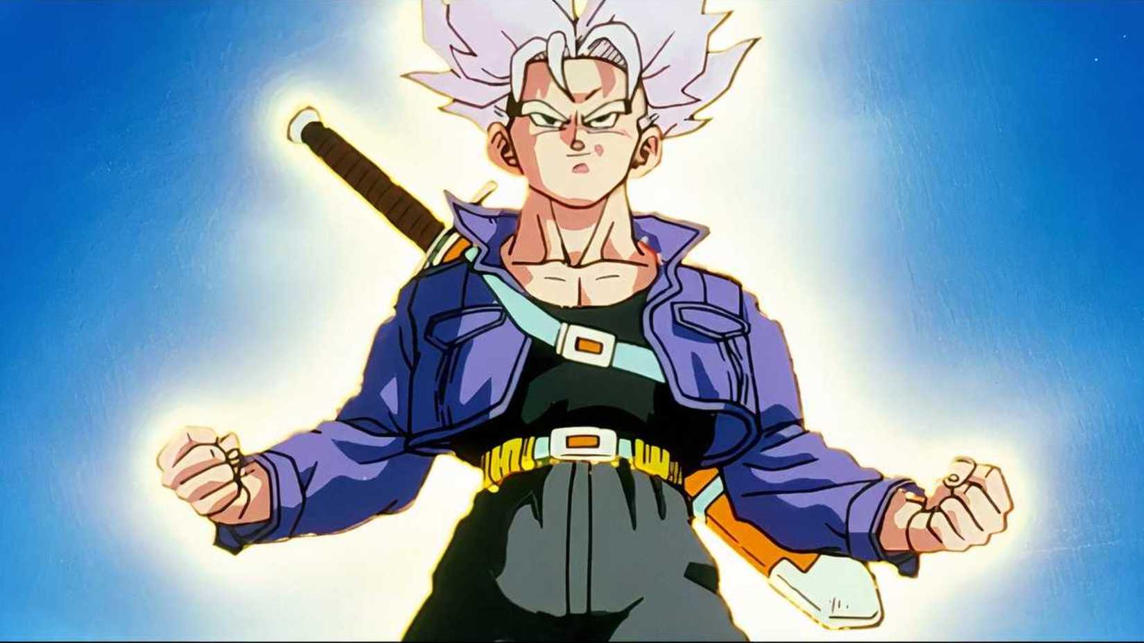 Trunks transforming into Super Saiyan with a yellow glow surrounding him.