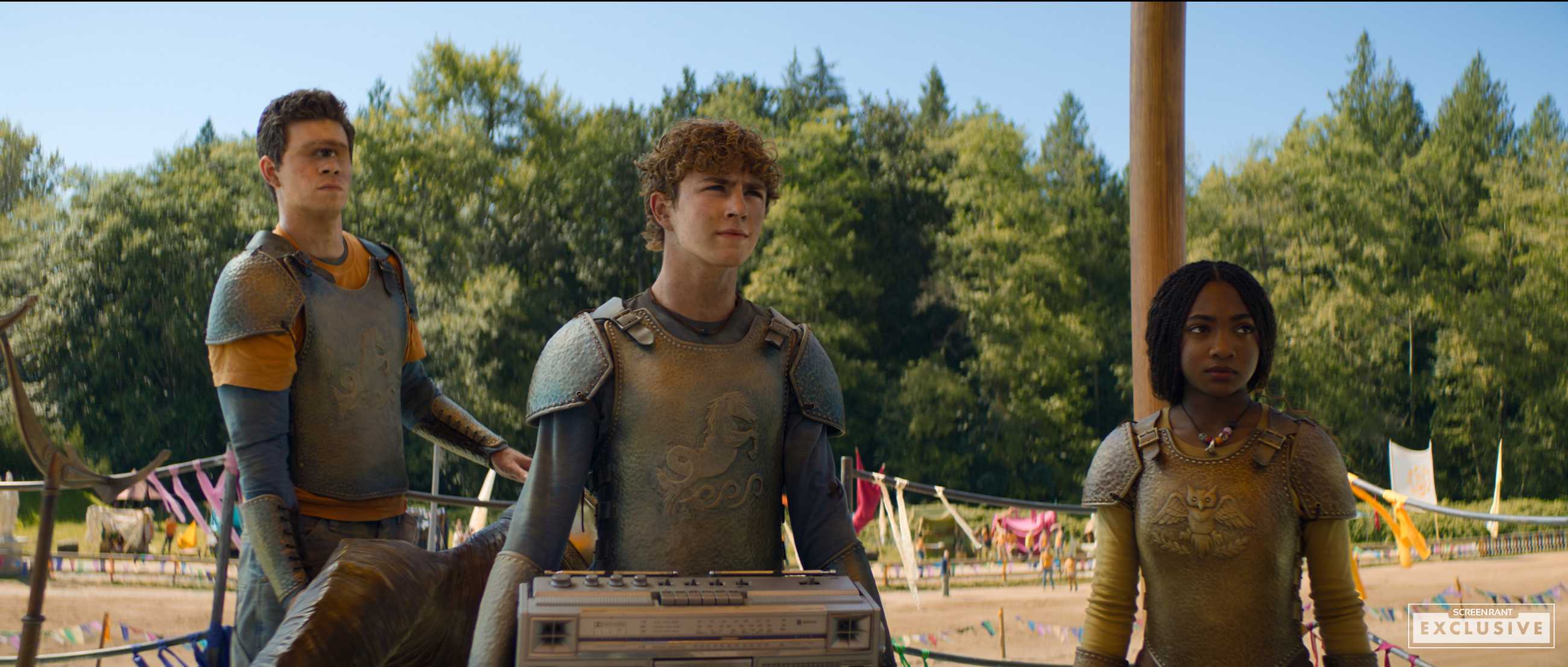 Tyson (Daniel Diemer), Percy (Walker Scobell), and Annabeth (Leah Jeffries) at Camp Half-Blood in Percy Jackson & the Olympians season 2