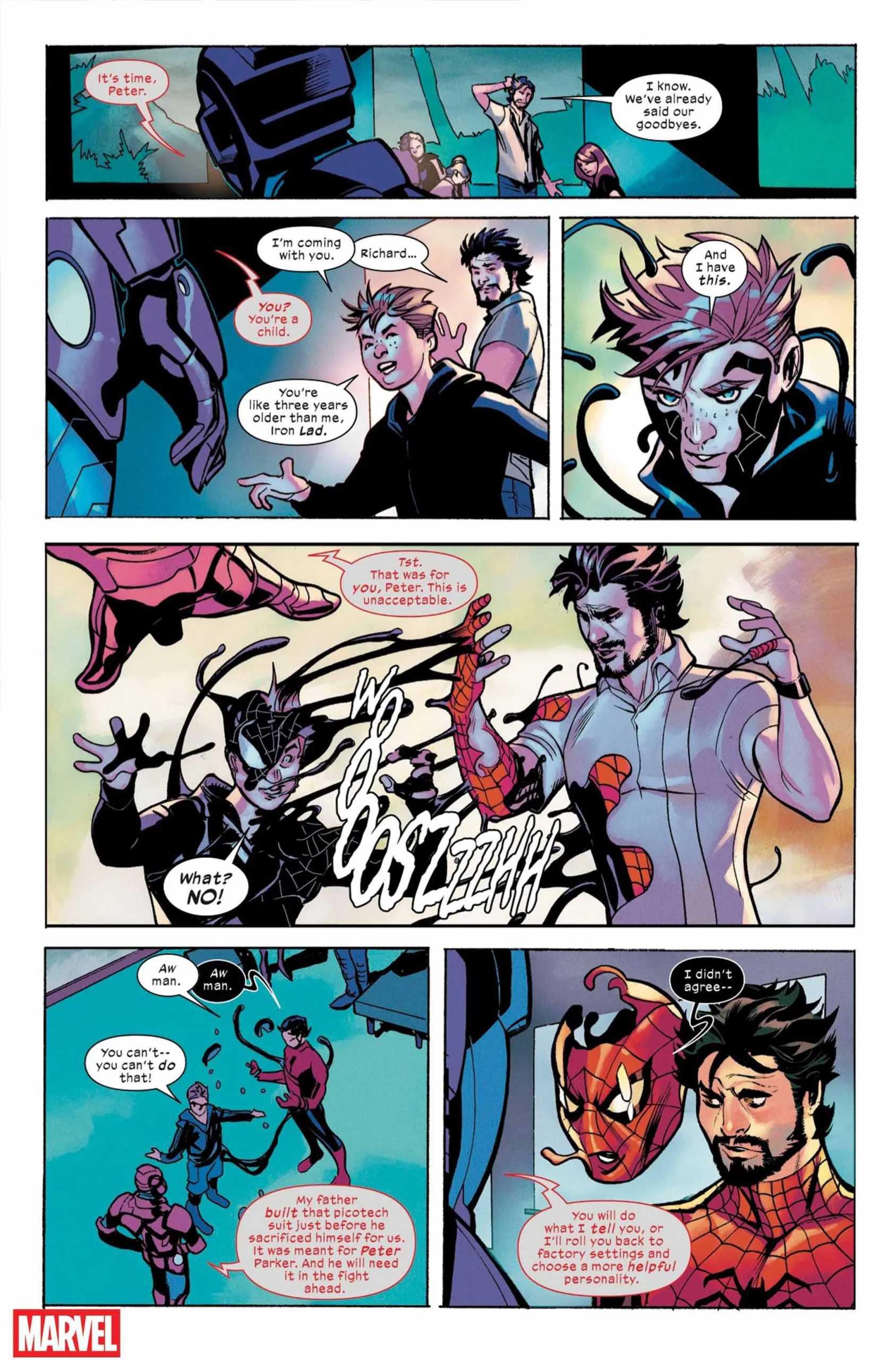 Spider-Man takes the Venom suit back from his son, Richard Parker, in a preview of Ultimate Endgame \#1