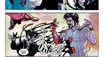 Spider-Man takes the Venom suit back from his son, Richard Parker, in a preview of Ultimate Endgame \#1