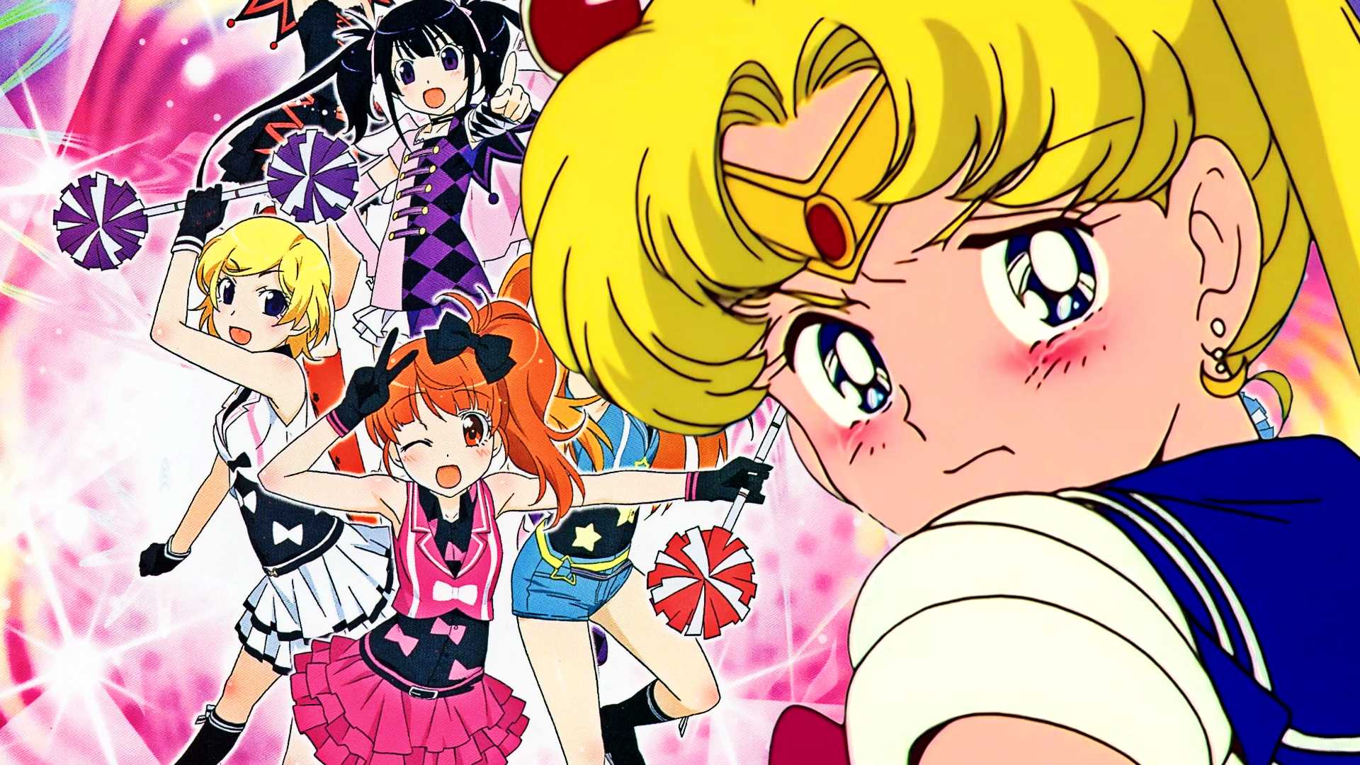 usagi from sailor moon looking sad with the key visual for pretty rhythm aurora dream in the background