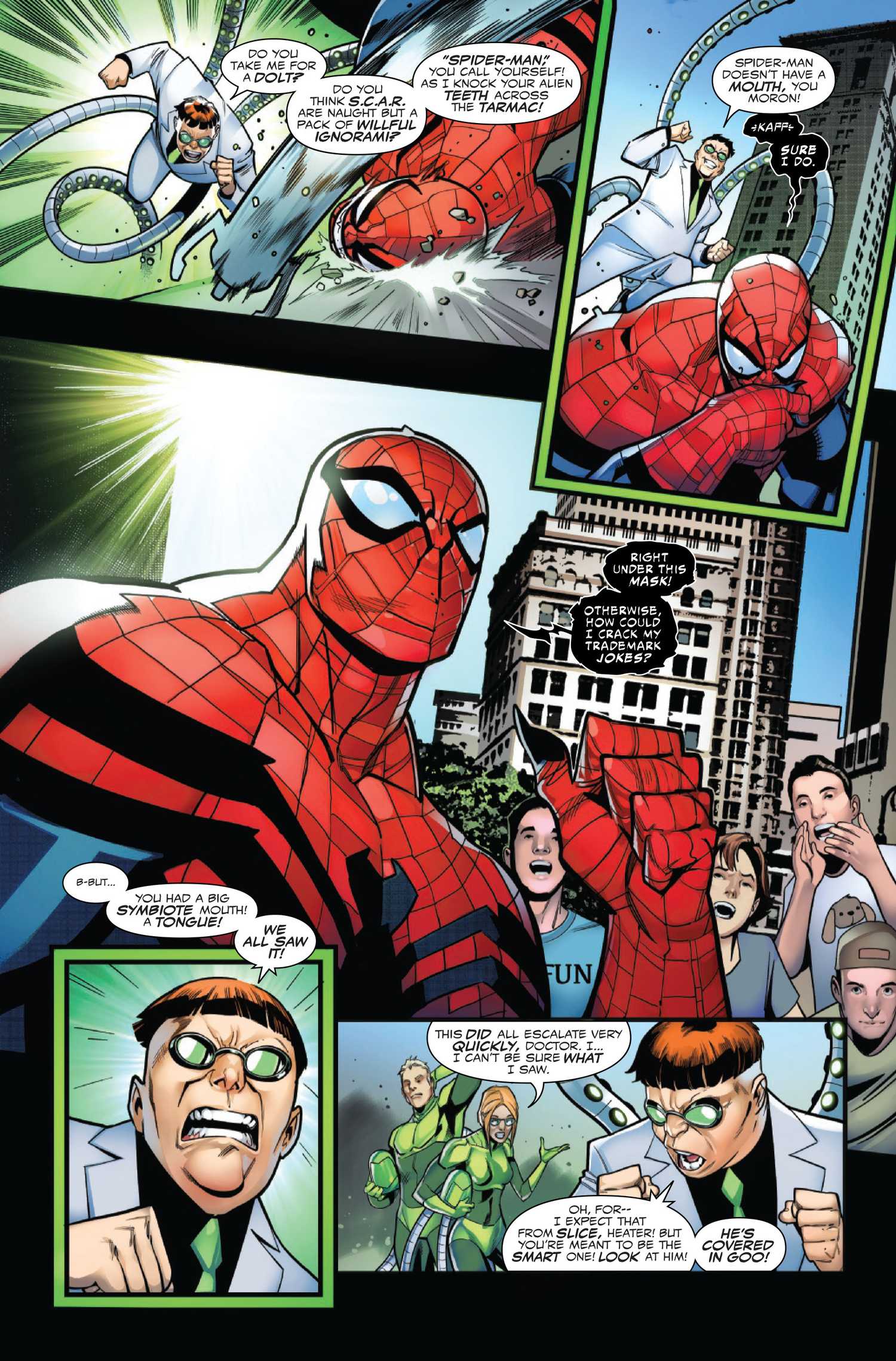 Venom and Mary Jane, dressed as Spider-Man, troll Doctor Octopus in Venom #252