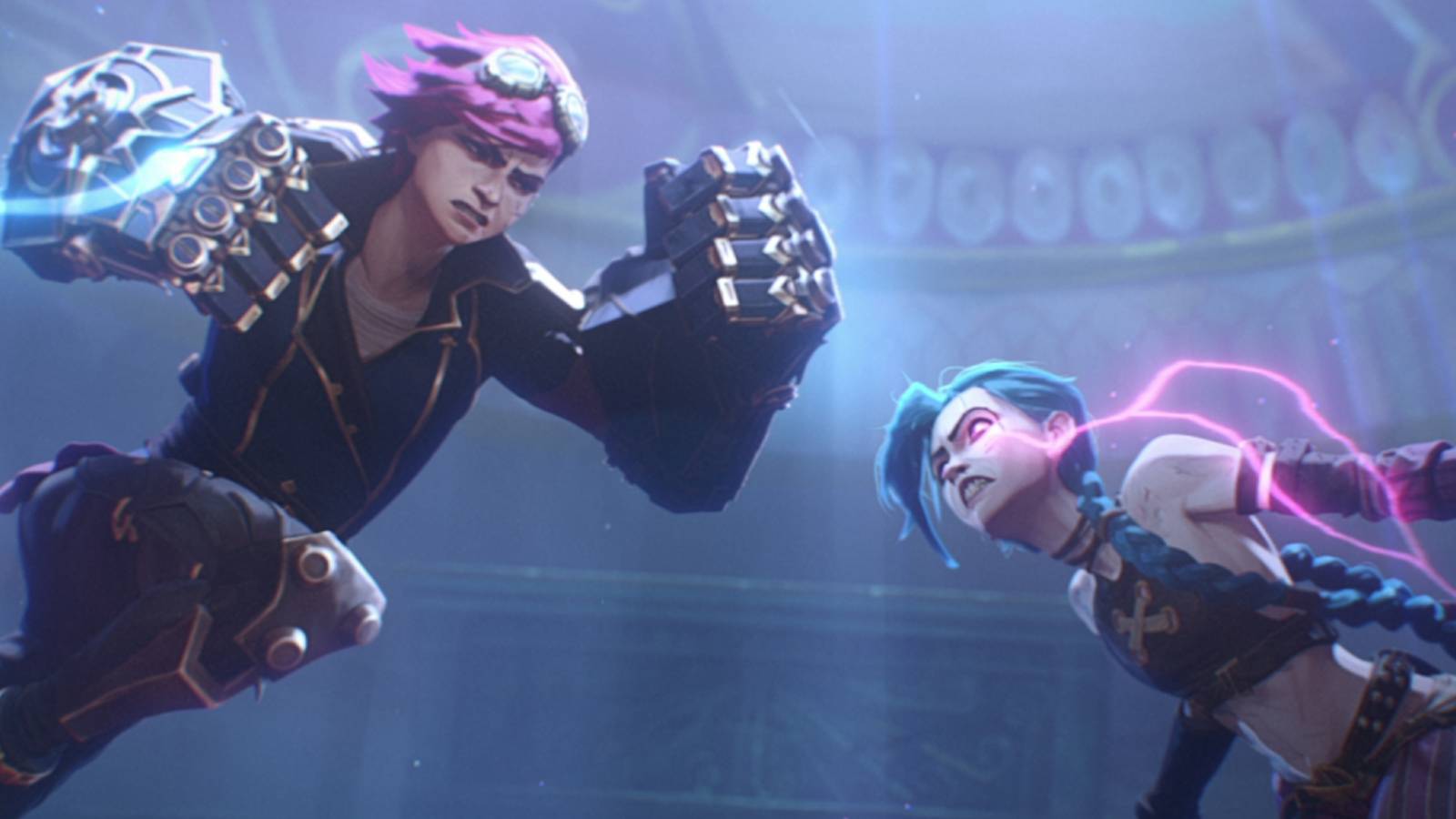 Vi and Jinx fighting in the air in Arcane