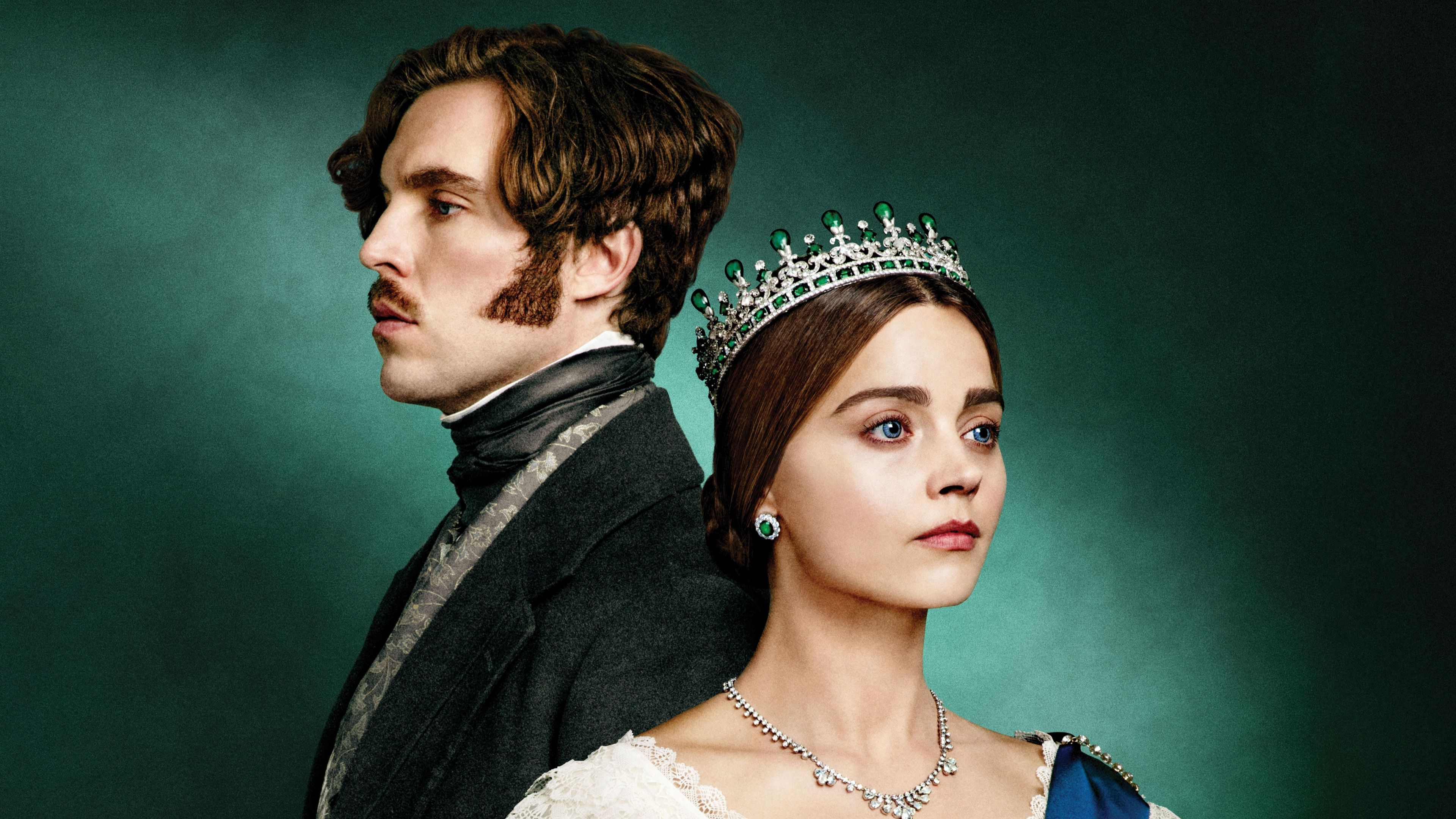 Albert (Tom Hughes) and Victoria (Jenna Coleman) standing back to back in Victoria.-1