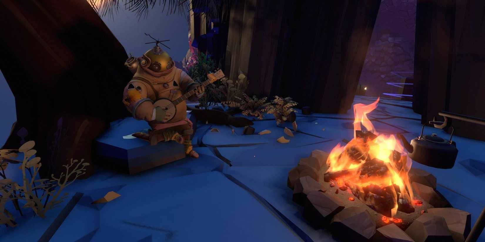 Character from Outer Wilds playing the banjo near a fire