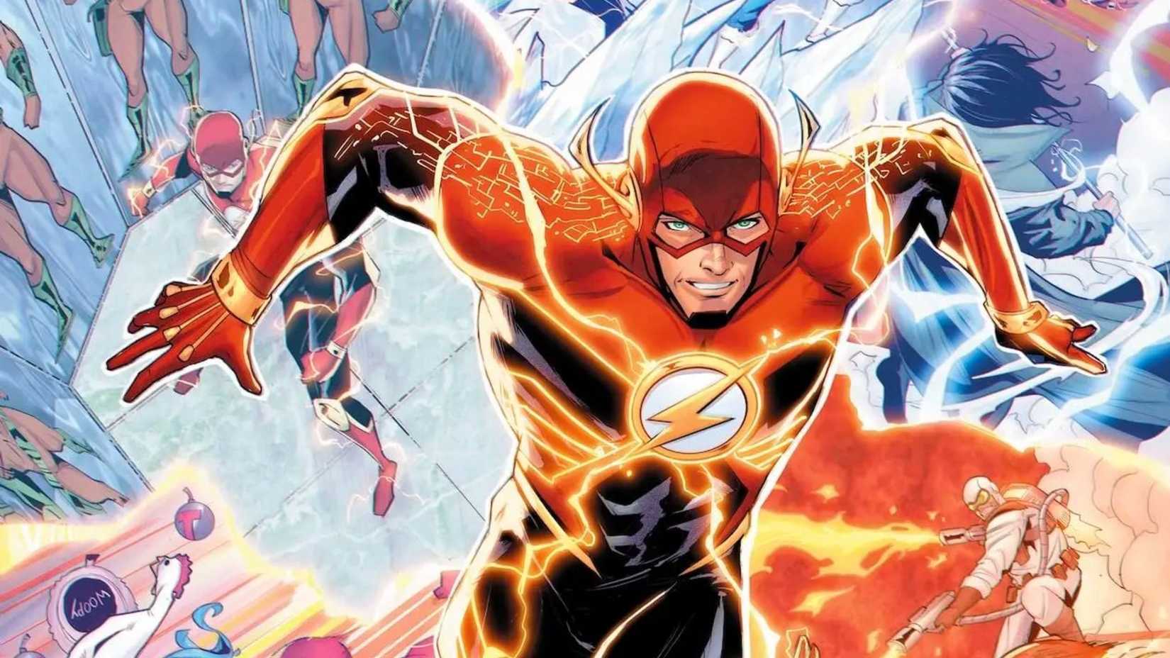Wally West, the third Flash, running as images of his past flash behind him.