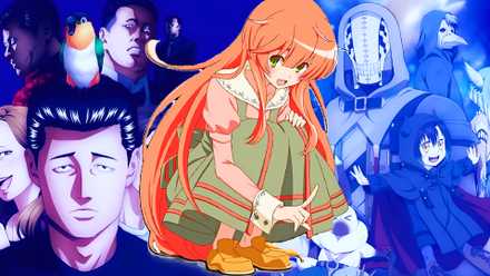 Watashi of Humanity has Declined in front of the main visuals of The Fable and Somali and The Forest Spirit