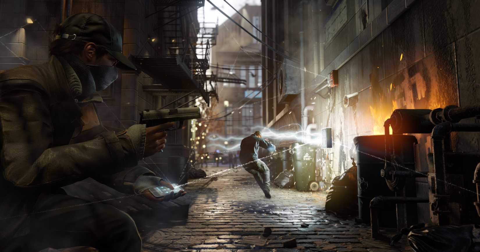 Watch Dogs character crouching in an alleyway