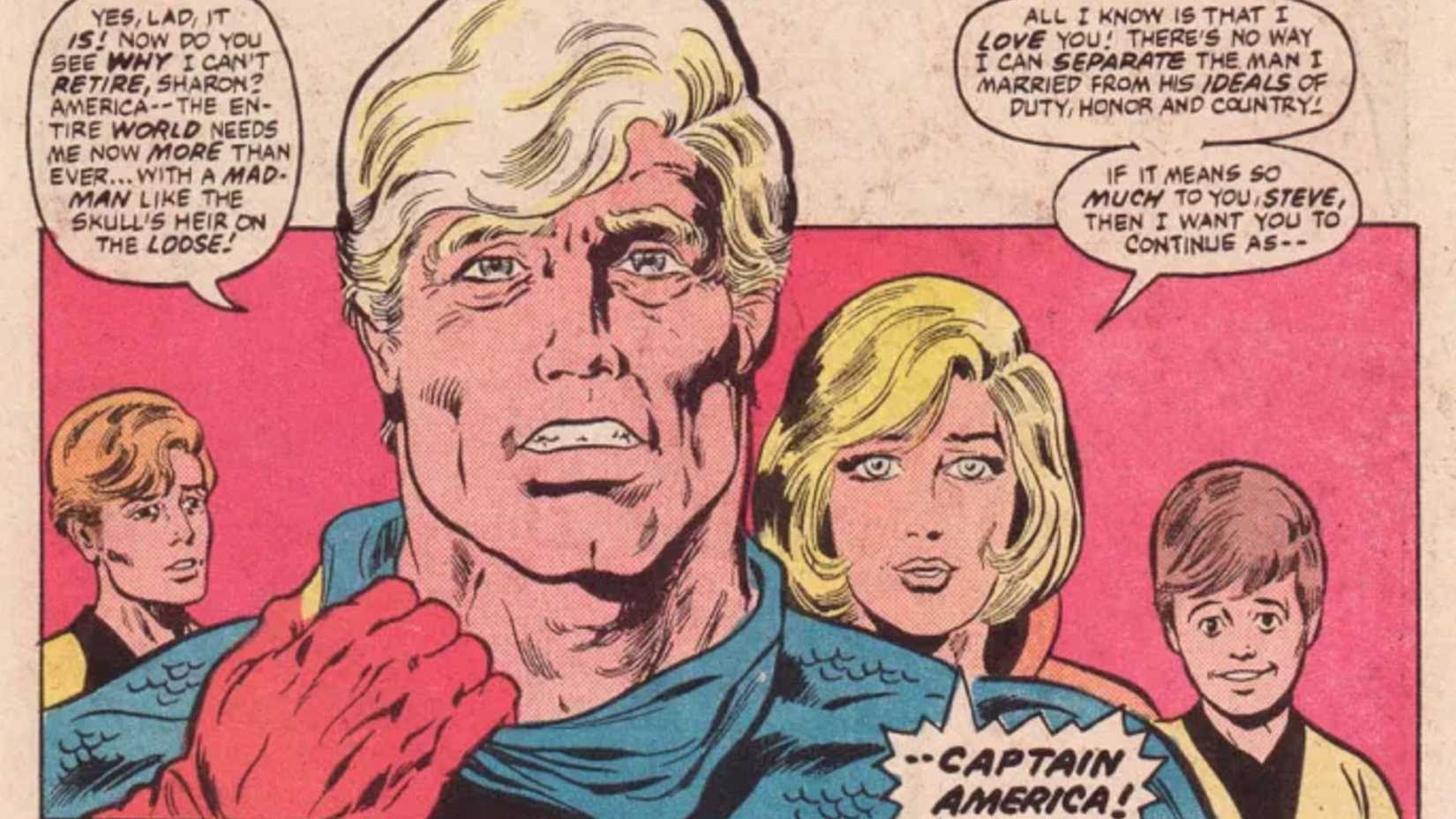 Captain America's family in What If...? #38 from left to right: Steve Jr., Captain America, Sharon Carter, and Nicky.