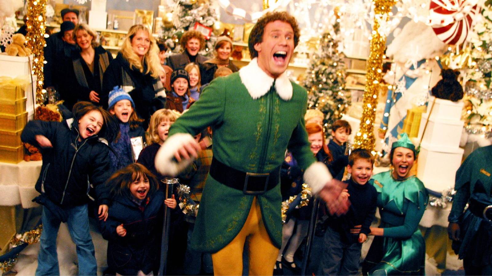 Will Ferrell as Buddy excited to see Santa in Elf