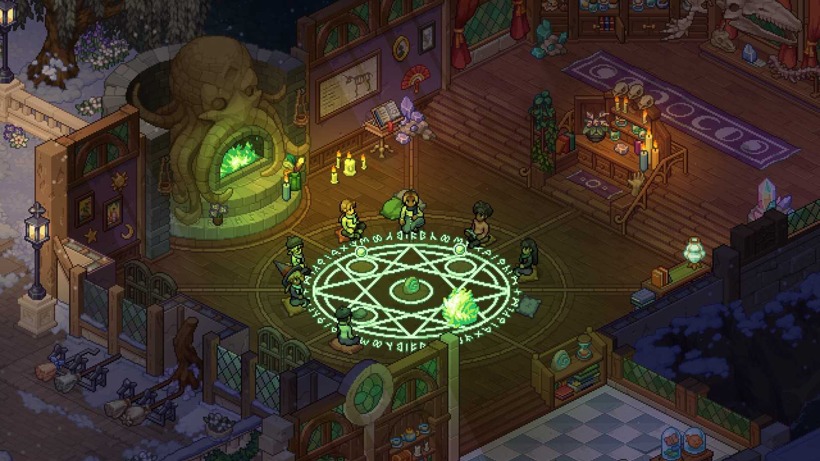 Witchbrook screenshot of characters in a magic school sitting around a summoning circle with a cthulu shaped fireplace behind them