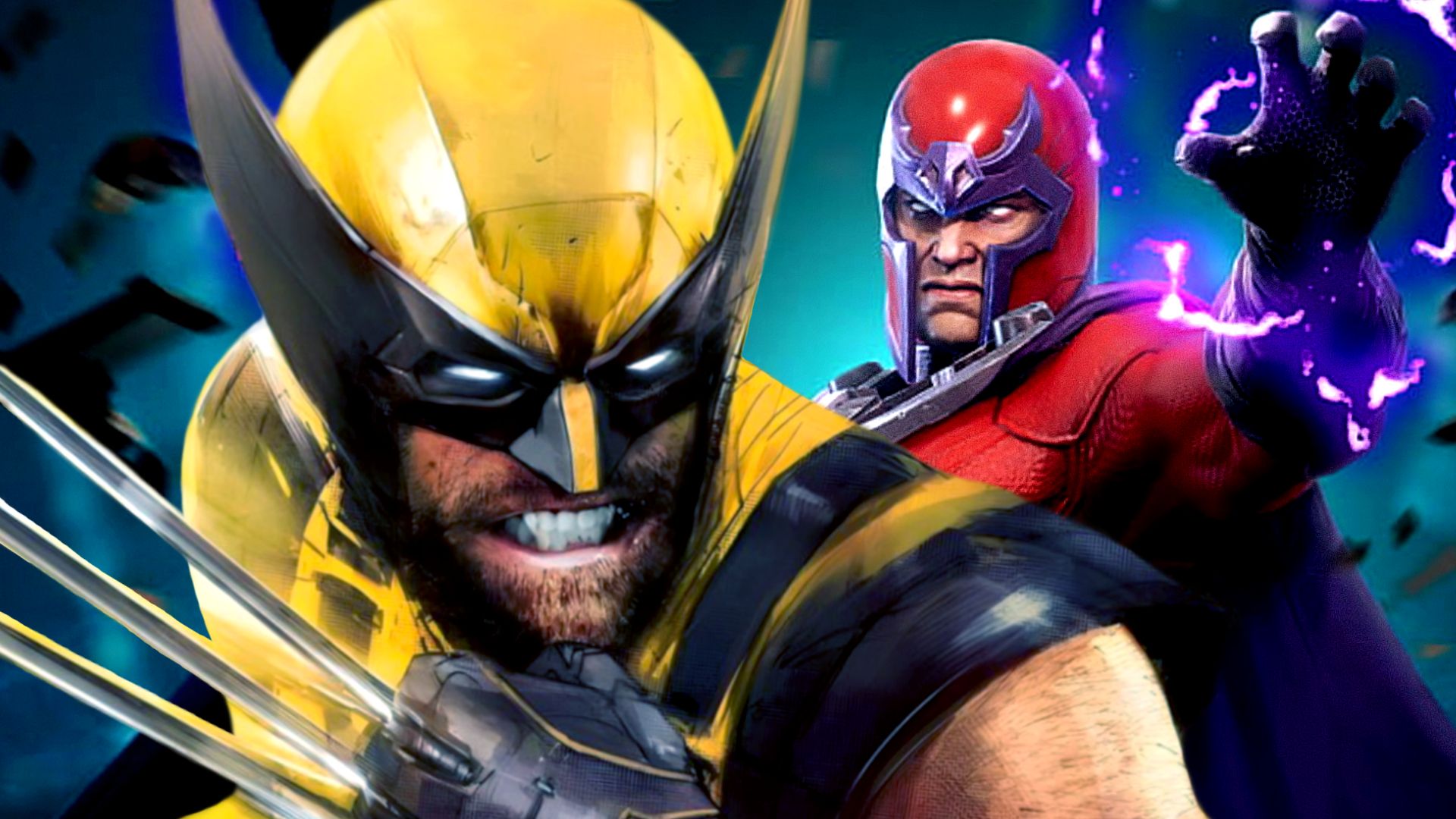 Wolverine unsheathes his claws and Magneto engages his electromagnetism in Marvel video game art