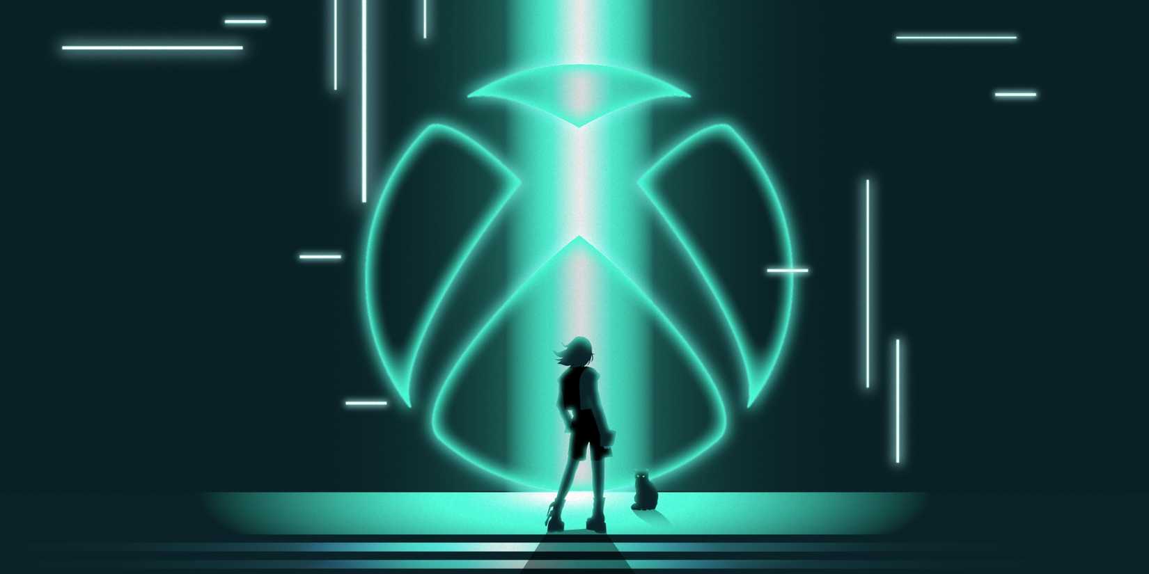A person and their cat stand in front of a neon Xbox logo.