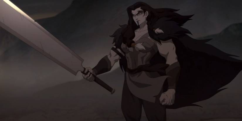 yasha holding a sword and looking menacing in the mighty nein